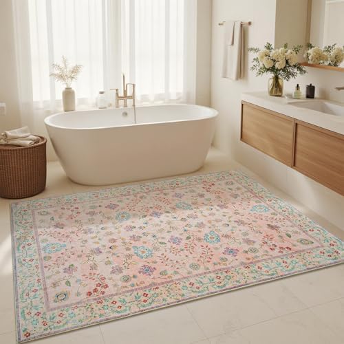 Goideal Pale Pink Rug for Girls Room, 5x7 Floral Washable Area Rug Non Slip, Boho Low Pile Carpet with Rubber Backing for Bedroom Living Room Bathroom Playroom Nursery Office - Image 5