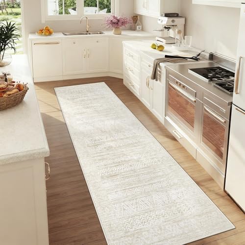 2x8 Washable Runner Rug: Moroccan Geometric Boho Rug Farmhouse Non Slip Stain Resistant Rugs Low Pile Soft Carpet for Porch Kitchen Laundry Room Living Room Bedroom (Ivory Beige,2'x8') - Image 2