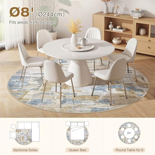 kakania Abstract 8x8 Round Rugs for Living Room: Circle Rugs 8FT Blue Gold - Image 2