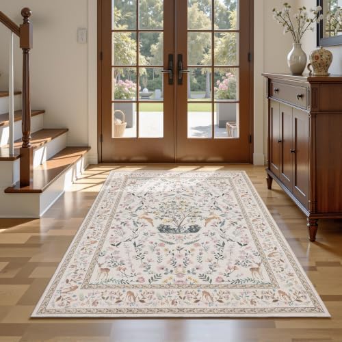 RCTJHOME 4x6 Beige Floral Nursery Kids Washable Area Rug Non-Slip Carpet - Image 4