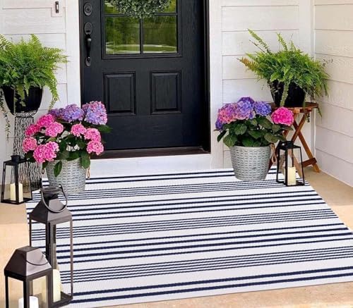 BUAGETUP Washable Outdoor Rug 3'x 5',Blue and White Cotton Front Porch Rug - Image 5