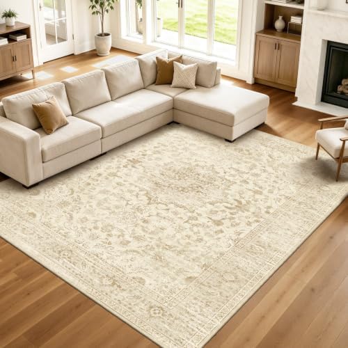 Beige 9x12 Living Room Rug, Non Slip Neutral Area Rug for Bedroom, Nursery by TTelephant
