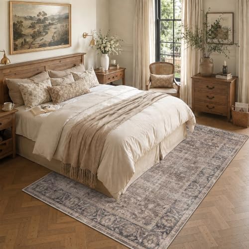 Washable 5x7 Bedroom Non-Slip Area Rug Retro Taupe Navy Throw Carpet - Image 4