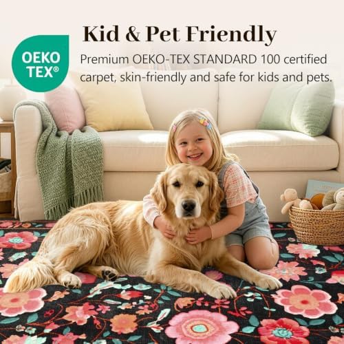8x10 Ft Washable Area Rug for Living Room Black Vintage Floral Carpet - Image 5