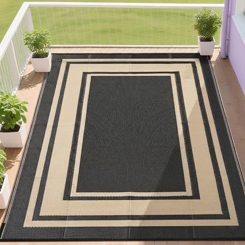 RURALITY Outdoor Rugs 5x8 Waterproof for Patios Clearance,Plastic Straw Mats for Backyard,Porch,Deck,Balcony,Reversible,Black and Beige by RURALITY