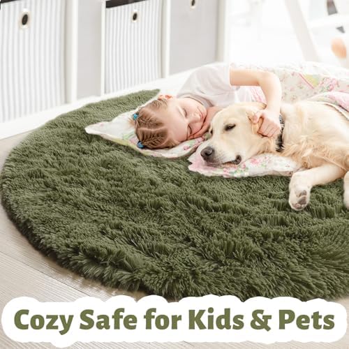 Amdrebio Olive Green Shag Round Area Rug 5Ft for Bedroom Nursery Classroom - Image 2