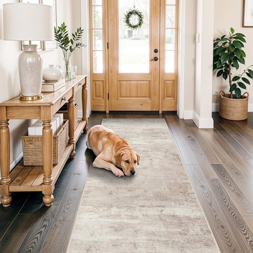 Rug Runner 3x8 for Hallway: Washable Non Slip Kitchen Entryway Carpet Low Plie Stain Resistant Rugs for Laundry Bedroom Indoor Foldable Modern Abstract Home Decor Floor Mat for Bathroom 3X8 Beige - Image 2