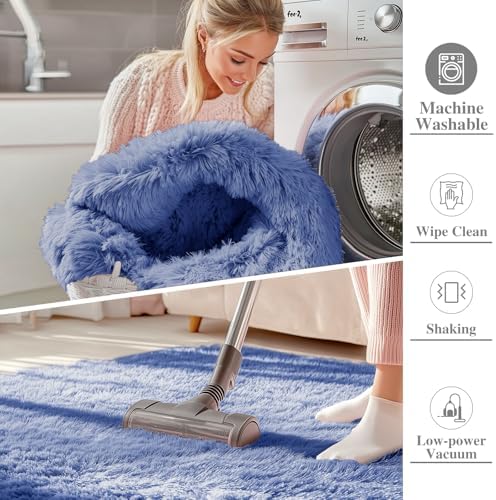 OLANLY 3x5 Machine Washable Small Bedside Rug, Soft Fluffy Shaggy Rugs for Living Room, Bedroom, Indoor Floor Carpet for Kids Girls and Boys, Preppy Dorms, Nursery, Home Decor Aesthetic, Denim Blue - Image 2