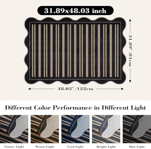 Striped Easy Jute Front Door Mat, 2.6x4 Washable Entryway Rug Non Slip Small Kitchen Rug, Farmhouse Low Pile Floor Scalloped Rugs for Bathroom Porch Doorway - Image 2