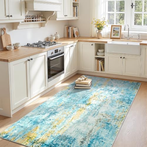 Entryway Rug 3x6 Teal Blue Bedroom Area Rug Washable Non Slip Abstract Boho Rugs for Indoor Entry, Kitchen, Classroom, Bathroom, Kids Girls Room, Office, College Dorm Small Carpet - Image 3