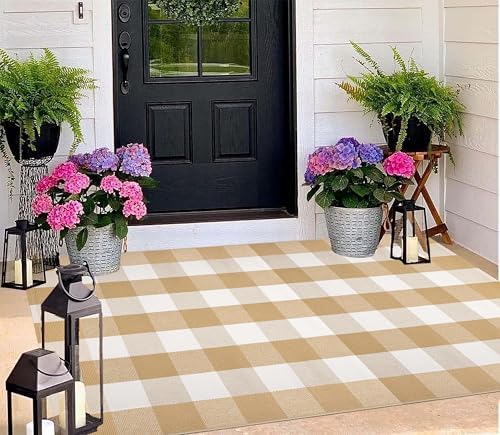 Fall Buffalo Plaid Outdoor Rug 3'x5'Khaki and White Front Porch Rug - Image 5