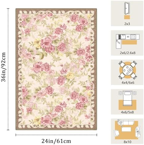 Washable 2x3 Small Area Rug, Cream Boho Floral Non-Slip Entryway Door Mat - Image 2