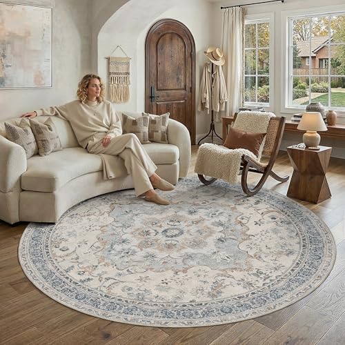 PureCozy Blue Round Rug 8x8 Living Room Vintage Floral Non-Slip Carpet by PureCozy
