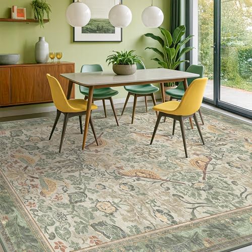 Hazo Haus Washable Living Room Rug 7x10 - Sage Floral Rugs for Bedroom, Vintage Bird Patterned Dining Room Kitchen Table Rug for Under Table, Stain Resistant Non-Slip by HazoHaus