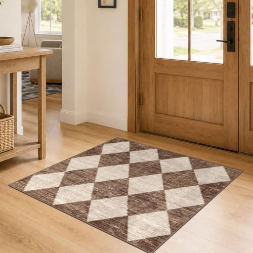 3x3 Square Entryway Rug - Non-Slip Washable Front Door Mat Indoor Outside Entrance Small Porch Rug Rustic Brown Beige Checkered Throw Rugs for Entryway Kitchen Bedroom Office Front Porch Decor by Othilic