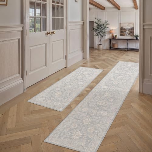 2 Piece Blue Cream Neutral Floral Kitchen Rug Set by WondRg