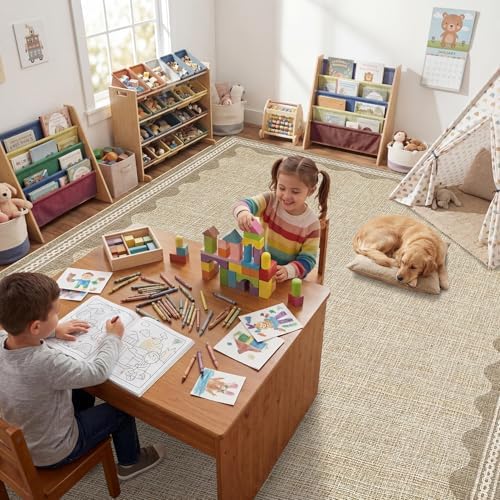 GarveeHome Scalloped Washable Area Rug 6x9 Rugs for Living Room Soft Low-Pile Solid Tan Jute Digital Printing Thin Carpet for Bedroom Dining Nursery Non Slip Mat with Rubber - Image 3