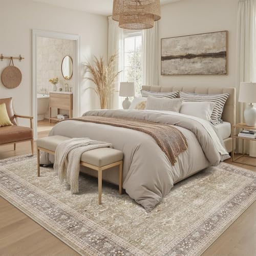 DCX Beige and Taupe 5x7 Rug, Kid & Pet Friendly with Rubber Back Non Slip, Machine Washable Stain Resistant Vintage Traditional Distressed Carpet, Rug for Living Room, Bedroom, Neutral Home Decor - Image 3