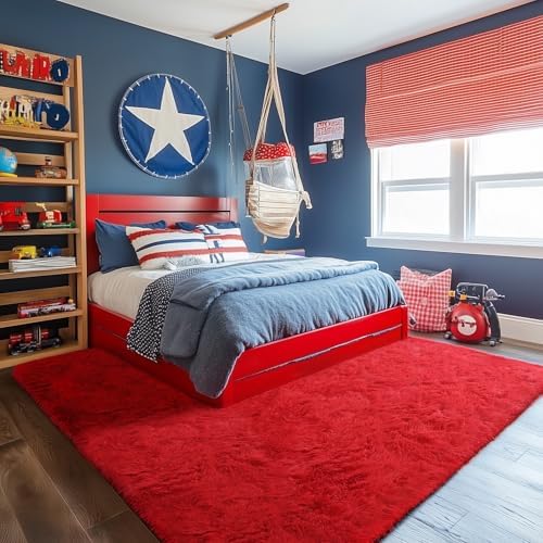 PAGISOFE Soft Modern Red Area Rug, 4x6 Feet, Shaggy Indoor Rug for Kids Room Decorative Carpet, Fuzzy Rug for Babies, Nursery, Dorm, Non Slip Rug for Boys Girls, Teen's Room - Image 2