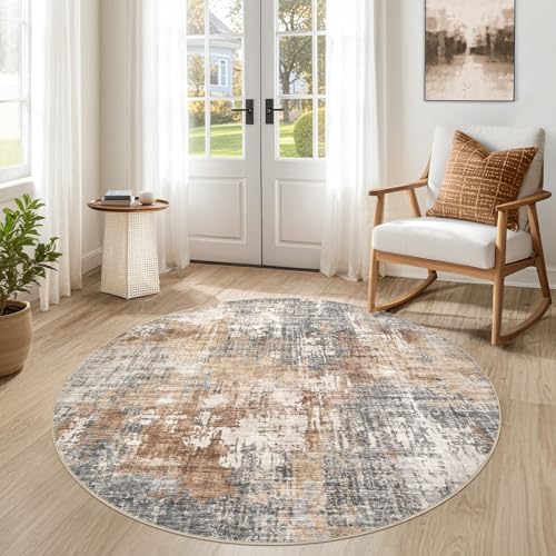 DMOYEST 5ft Round Area Rug Living Room Rugs - 5x5 Washable Large Soft Indoor Neutral Modern Abstract Low Pile Rug Carpet for Bedroom Dining Room Farmhouse Home Office - Grey Brown by DMOYEST