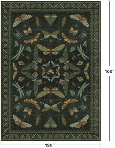 Hazo Haus Green Living Room Rug - Vintage Washable Dark Green 10x14 Rug for Dining Room Under Table, Bedroom, Insect Moth Floral Design, Non-Slip Soft Low Pile - Image 2