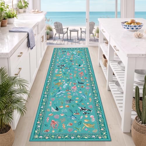 Arenarug Coastal Runner Rug 2x6 Washable Kitchen Runner Rug, Teal by ArenaRug