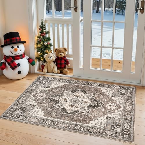 Washable Entryway Area Rug 2x3 - Small Entrance Rug Vintage Distressed Mat Oriental Non-Slip Non-Shedding Carpet Soft Thin Stain Resistant Indoor Floor Doormat for Bedroom Bathroom Kitchen (Beige,2x3) - Image 4