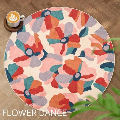 jinchan 5ft Floral Round Rug Washable Living Room Rug Colorful Cute Bloom - Image 2