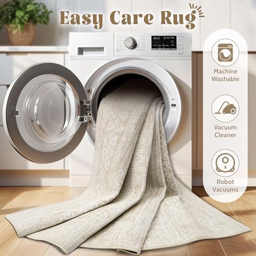 6x9 Area Rugs for Living Room: Washable Moroccan Geometric Boho Rug Farmhouse Non Slip Stain Resistant Large Rug Low Pile Soft Carpet for Bedroom Dining Room Home Office Kids Room (Ivory Beige,6'x9') - Image 4