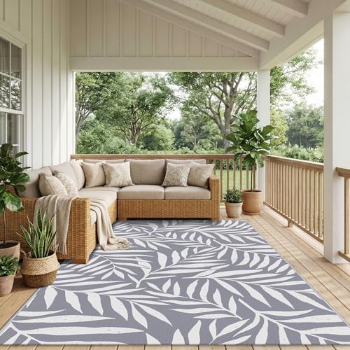 Smiry Outdoor Rug 5x8 ft Waterproof Reversible Leaf Mat, Grey & White - Image 6
