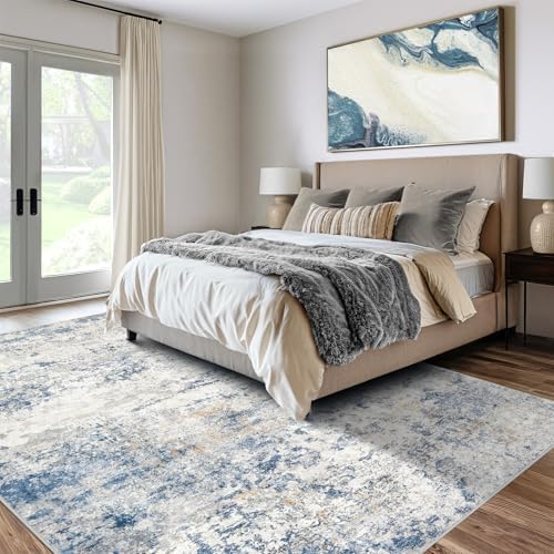 DMOYEST Area Rug Living Room Rugs - 4x6 Abstract Large Soft Indoor Washable Rug Neutral Modern Low Pile Carpet for Bedroom Dining Room Farmhouse Home Office - Blue - Image 4