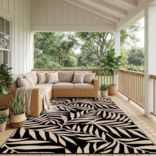 Smiry Outdoor Rug 6x9 ft Waterproof Reversible Leaf Mat, Black & Beige - Image 6