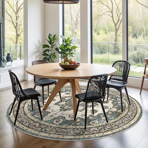 Area Rugs Round 6ft Non-Slip：Floral Vintage Distress Medallion Carpet Blue - Image 3