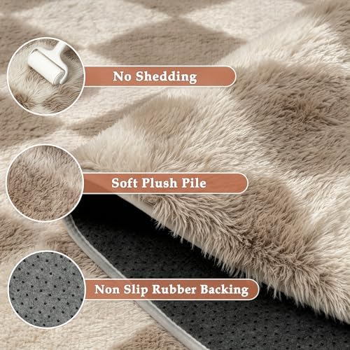 PureCozy Brown 5x7 Area Rug for Living Room Soft Checkered Shag Carpet - Image 5