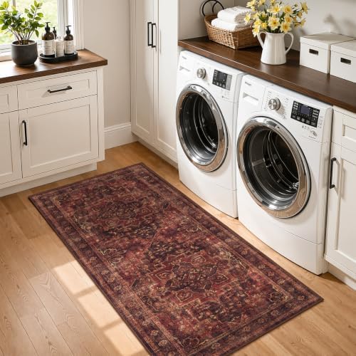 Washable Hallway Runner Rug 2'x5', Vintage Medallion, Dark Red - Image 5
