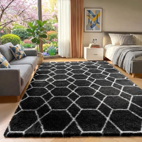 5x7 Area Rugs for Living Room Bedroom, Fluffy Black and White Geometric Rug - Image 5