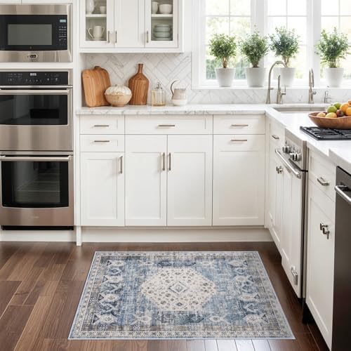 Washable Living Room Area Rug - 2x3 Small Bedroom Rugs Vintage Rustic Style Carpets with Non Slip Backing Distressed Floor Mat for Dining Room Kitchen Bathroom (Aqua Blue, 2'x3') - Image 3