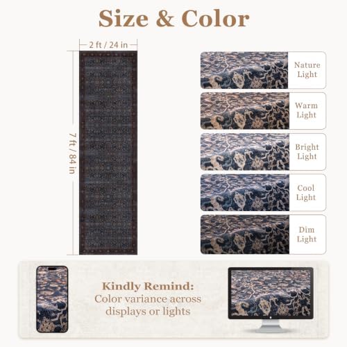 Washable Hallway Runner Rug 2'x7', Vintage Old Money, Dark Blue - Image 2