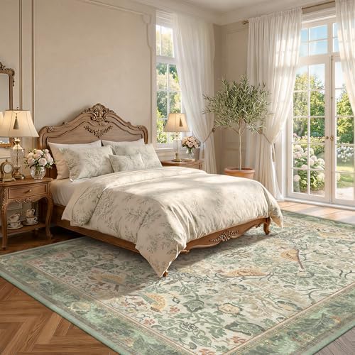 Hazo Haus Washable Floral Bird Rugs for Living Room - Sage Green 8x10 Area Rugs for Bedroom Under Bed, Dining Room Kitchen Table Rug for Under Table, Nature Botanical Decor, Stain Resistant Non-Slip - Image 3