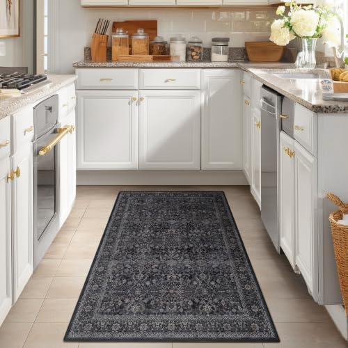 Dark 4x6 Washable Rug, Small Area Rugs Non Slip for Entryway Kitchen Bathroom, Vintage Farmhouse Low Pile Thin Throw Carpet Rug for Foyer/Nursery/Home Office/Living Room, Midnight - Image 4