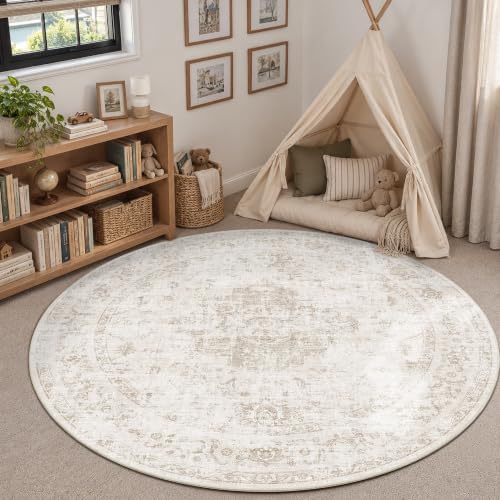 Washable 6ft Round Dorm Rug Soft Medallion Neutral Beige Throw Carpet - Image 3