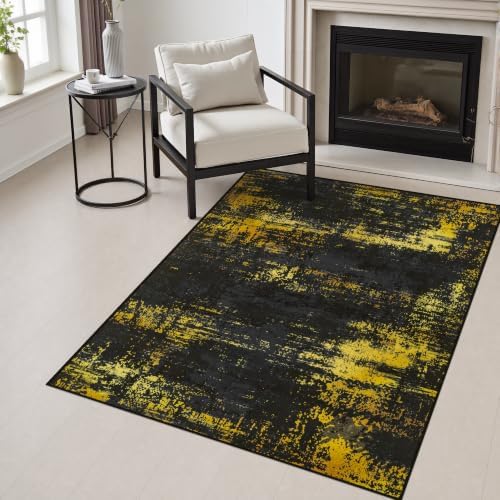 Area Rug Living Room: 3x5 Modern Washable Soft Carpet Black Gold by FXRHLP