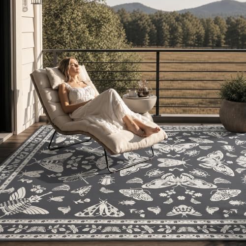 AMOAMI-Outdoor Rug-Patio Rug 8x10 ft Quick Dry Machine Washable Flatweave Textured Outdoor Carpet with Rubber Particles Backing Indoor Outdoor Rug for Patio Deck Front Porch Balcony Greyish Black - Image 5