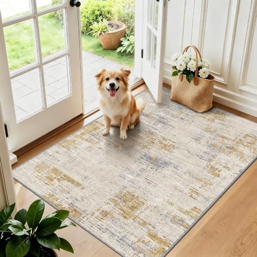 Small Area Rug 3x5 ft, Textured Non Slip Entryway Rug, Beige/Gold by TTelephant