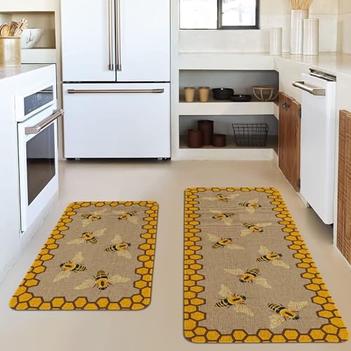 Summer Bee Kitchen Rugs Sets of 2 Non Slip Washable, Farmhouse Rustic Summer Kitchen Mats for Floor 2 Piece Home Decor - Image 2