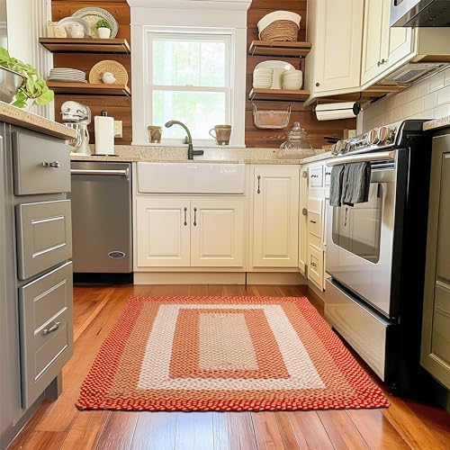 Super Area Rugs 20x30 Farmhouse Braided Rug - Natural Soft Cotton Carpet for Bathroom, Kitchen, Doorway - Primitive Country Woven Rug - Red/Cream/Ivory - Image 2