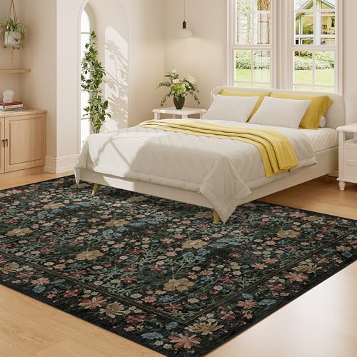 DUKINO 6x9 Area Rug, Vintage Floral Washable Rugs for Living Room, Black - Image 5