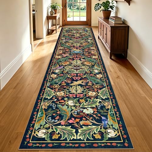 nesrt 3'x14' Washable Extra Long Boho Runner Rug, Soft Non-Slip Hallway Kitchen Carpet Runner, Thin Jungle Bird Indoor Decor Rug for Farmhouse, Living Room, Bedroom (Dark Green) - Image 5