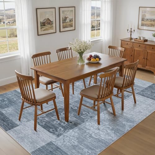 UERMEI 9x12 Area Rug for Living Room - Washable Vintage Carpet, Non-Slip Soft Large Indoor Floor Rugs for Bedroom Home Office & Under Dining Table Decor, Blue Block - Image 4