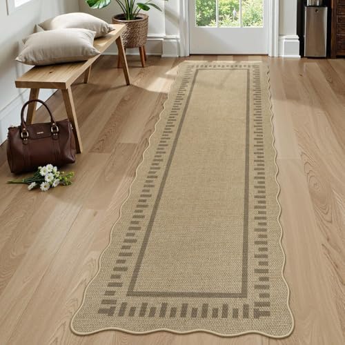 LIVEBOX Scalloped Washable 2x8 Runner Rug, Easy Jute Outdoor Rug Kitchen Tan Rugs for Hallway Entryway, Indoor Non Slip Rugs Farmhouse Geometric Carpet Door Mat for Porch Laundry Room Bedroom Boho by LIVEBOX